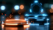 © Валентина Егоровна З - Glowing neon game portal with futuristic teleport podiums and healing aura for game interface, level up and teleportation process game effect, defocused dark background, game