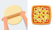 © Asqbi - Flat vector illustration of hands rolling dough and square pizza