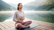 © farid - Serene Woman Practicing Mindfulness Meditation and Yoga Breathwork on Lake Dock at Sunrise