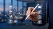 © Emily - Hand using stylus on futuristic holographic interface, virtual screen with business icons, time management and productivity tools, digital planning dashboard