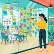 © nuraini - Young Asian woman presenting colorful sticky notes on glass wall. Creative team brainstorming ideas with vibrant post-it notes during workshop. Pro...