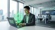 © Evando Zhafran - Professional businessman using laptop with holographic security shield symbol for secure data migration and network protection in office