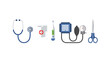 © Nure - Collection of essential diagnostic medical tools including a blue stethoscope, digital thermometer, blood pressure monitor, and scissors.