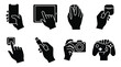 © STCH - Minimalist technology hand gestures icon set, black silhouette hands holding electronic devices, collection of 8 digital gadget interaction vectors