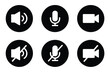 © Binoy Vectors - Communication Icons: A collection of minimalist white icons on black circles representing audio, microphone, and video controls, including muted and unmuted states.