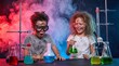 © Kateryna - Chemistry education. Children conducting a colorful chemistry experiment with laboratory glassware, safety goggles and scientific equipment, inspiring STEM learning and scientific curiosity.
