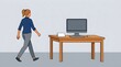 © felipe - Woman Walking Towards Computer: A woman in casual attire walks towards a wooden desk with a computer monitor and mouse, as if beginning her work or studying for the day.