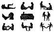 © Juliansyah - Collection of black couple silhouettes enjoying foot massage physical therapy stretching exercises and playful footjob vector graphic illustration isolated on white background.