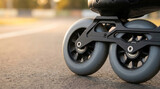 Close up view of inline skate wheels on outdoor asphalt surface at sunset for fitness training and recreational sports