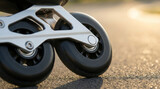 Close-up shot of professional inline roller skates wheels touching asphalt surface during sunny outdoor leisure exercise session