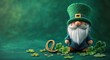 © zhuan - a cute bearded leprechaun figurine wearing a tall green hat with buckle, standing among scattered clovers and a golden horseshoe on a soft emerald background, whimsical and lucky mood