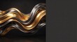 © Darakorn - Luxurious 3D abstract background featuring flowing liquid gold and platinum metallic ribbons with smooth waves on a dark black matte backdrop, including empty copy space for premium branding design.