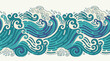© KazeDor - Motif décoratif sans couture avec des vagues stylisées dans un style japonais traditionnel, présentant des courants marins bleus et des écumes blanches sur un fond crème clair.