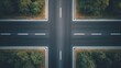 © zong - aerial top-down view of an empty four-way road intersection with lane markings surrounded by dense trees and grass, symmetrical calm and quiet atmosphere