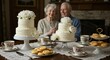 © Cleverson - Elderly couple celebrates anniversary with two tiered cakes and tea set on a table