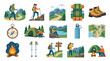 © Imsuniyah - Outdoor Recreation Flat Vector Illustration Set: Hiking, Camping, Adventure Gear, People  Nature