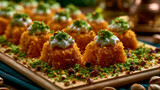 Mini kunafa bites topped with cream and pistachios arranged on a wooden serving board, culinary