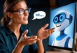© Georgii - Woman talking to a friendly robot on screen during a virtual assistant video call in a dark office