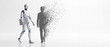 © itlada - AI robot replacing dissolving human silhouette with a minimalist white background, symbolizing job automation and future technology transition for corporate presentations