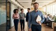 © Gophotograph - A diverse team of employees walking out of a modern office meeting room.