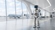 © Shraddha - A friendly robot holding a digital tablet standing in an airport terminal.