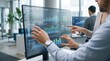© StockVisionLab - Close up of hands interacting with touchscreen display showing sustainable energy investment dashboard with stock market graphs and green finance data, representing eco-friendly...