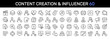 © 9Delphinus - Content Creation & Influencer thin line icon set. Editing, Blogger, Marketing, Creator, Social Media, Production concept. Black outline vector icons collection.