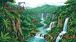 © SkyPix - Tourists standing on a wooden jungle lookout platform overlooking a tropical waterfall valley.