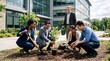 © Felippe Lopes - Diverse business team planting a tree outside modern office building promoting sustainability and teamwork