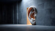 © MichaelMob - A surreal conceptual image of a giant human ear emerging from a doorway in a concrete wall, symbolizing listening, surveillance, and espionage in a minimalist brutalist space.