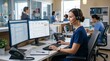 © DR Moura - Healthcare professional wearing headset works at computer with medical data on screen