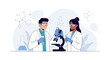 © Lyden - Diverse scientists conducting research with microscope and test tubes, illustrating scientific discovery and laboratory work.