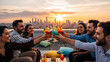 © faid - Friends toasting cocktails on rooftop at sunset with city skyline background
