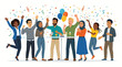 © Ednardo - Celebration of Diversity: A vibrant and inclusive group of people from various backgrounds joyfully celebrates together, surrounded by confetti and balloons, embodying unity and happiness.