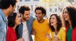 © Hasibnikon - Diverse group of young professionals laughing together in casual office setting. Multiethnic team celebrating success with cheerful expressions and...