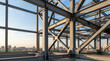 © Dinar - Steel beam structure of building under construction. Modern skyscraper framework with metal girders and bolts. Industrial development and urban architecture engineering project background.