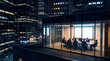 © cmapuk_0nline - Professional corporate business team having a late night presentation meeting inside a modern glass office conference room overlooking a beautifully illuminated dark city skyline.