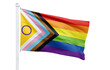 © aamir - A progress pride flag with intersex inclusion on a white flagpole against a black background