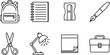 © Khairul - School supplies and stationary office supply line icon set featuring backpack notebook sharpener fountain pen scissors desk lamp sticky notes briefcase