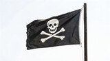 Black pirate flag with skull and crossbones on a pole illustration