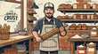 © carglos - A friendly professional baker stands in a rustic kitchen holding a wooden rolling pin