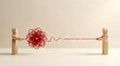 © Picart  - Wooden figures unraveling tangled red string representing problem solving complexity simplification and business conflict resolution