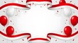 © Repcom - Symmetrical frame background design featuring red and white ribbons on top and bottom with balloons for Indonesia national day celebration.