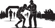 © amodha - Man helping exhausted runner near marathon finish line silhouette vector illustration of sportsmanship and support.