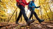 © Aurora Aesthetics - Senior couple nordic walking hiking autumn forest fitness retirement outdoors using trekking poles on a woodland trail for active aging tourism recreation mobility wellness and lifestyle campaigns