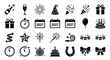 © Somna - New Year party silhouette vector icon set, 20 unique celebration elements in clean grid, champagne fireworks party hat balloon cake calendar 2027 clock star, solid black shapes white background