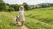© Xenia - Young blonde girl walking a baby goat on a leash. Child and animal companion on a dirt path in a green summer meadow. Rural farm lifestyle