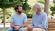 © AZ Studio - Two male friends sharing a deep conversation on a park bench outdoors