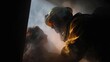© GATE 22 - Firefighter in full gear, wearing a yellow helmet and a yellow jacket, standing in front of a window with smoke coming out of it.