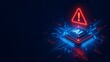 © Aish - Glowing blue AI microprocessor on a motherboard with a red warning triangle symbolizing cybersecurity threats and artificial intelligence errors.